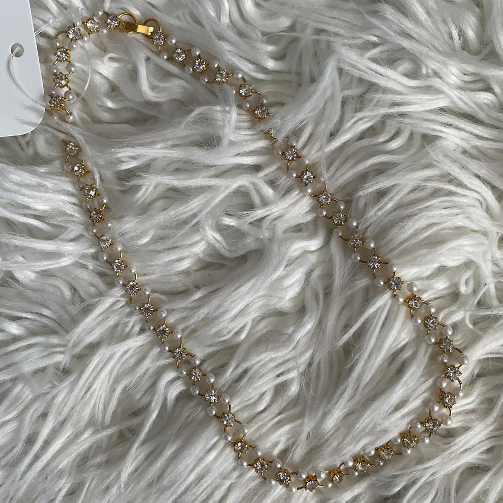 Vintage 80s Faux Pearl Rhinestone Gold Choker Necklace